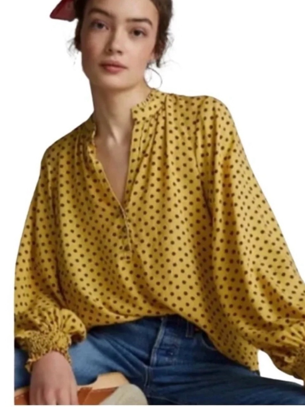 Anthropologie Maeve Peasant Blouse Yellow-Brown Polka Dot XS Ruffle Neckline